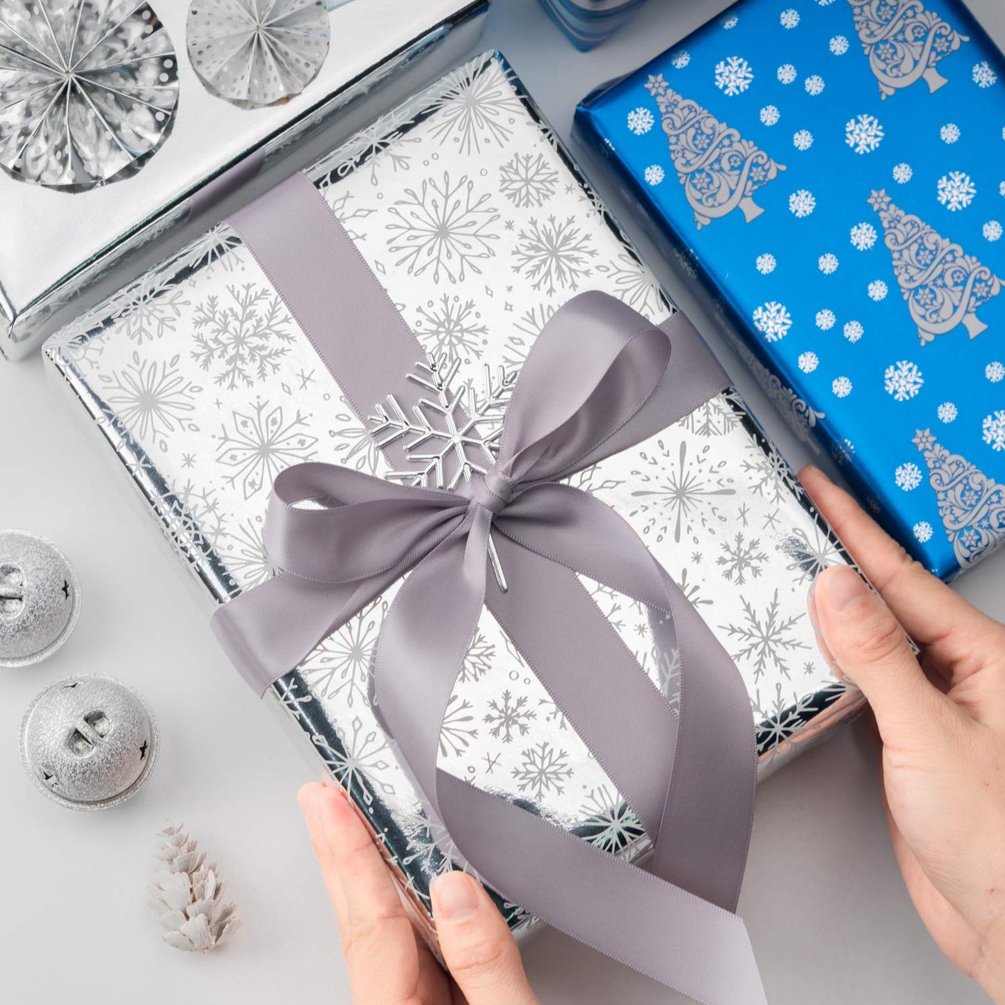 WRAPAHOLIC 30 Inch Christmas Wrapping Paper Roll - Jumbo Roll Blue and Silver Snowflake and Stripe Set with Metallic Foil Shine - 4 Rolls - 30 Inch x 120 Inch Per Roll