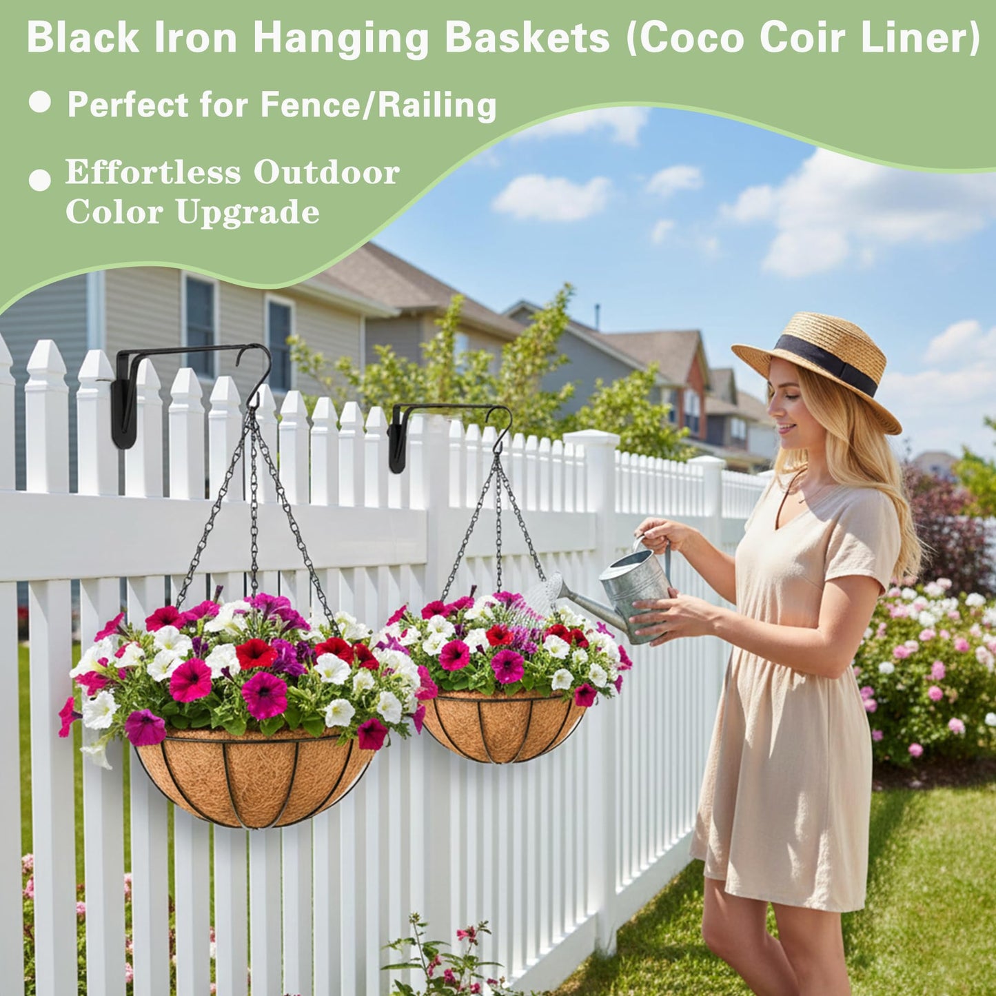EIMQUVW Outdoor Metal Hanging Planters Basket (4pack, 14 inch) Hanging Baskets for Plants Chain Round Wire Plant Holder with Coco Fiber Liners for Garden, Patio, Deck, Porch
