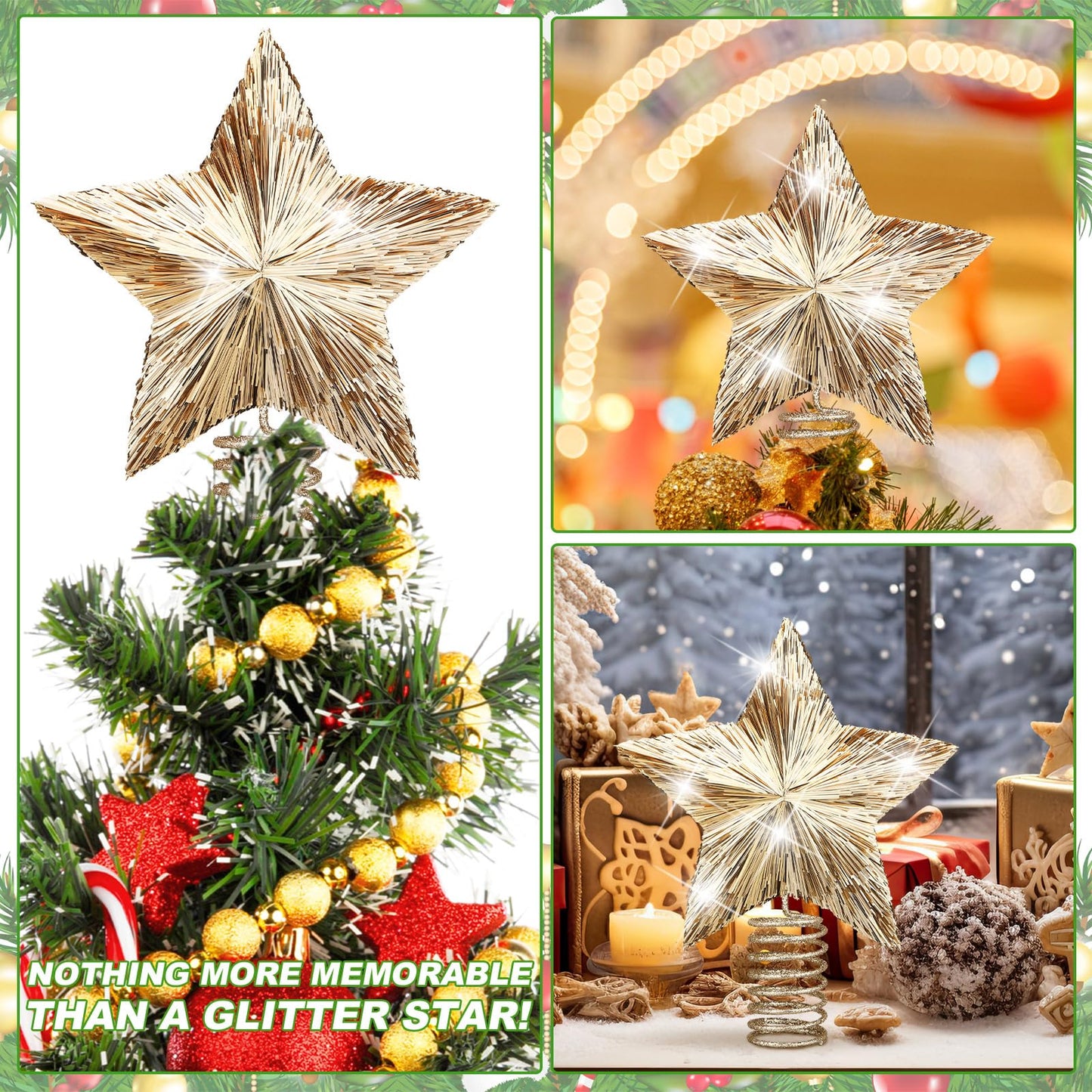 Gejoy 8.2 Inch Champagne Christmas Star Tree Topper Large Gold Bethlehem Star Topper with Glitter Sequin Xmas Holiday Ornament Decoration for Christmas Tree
