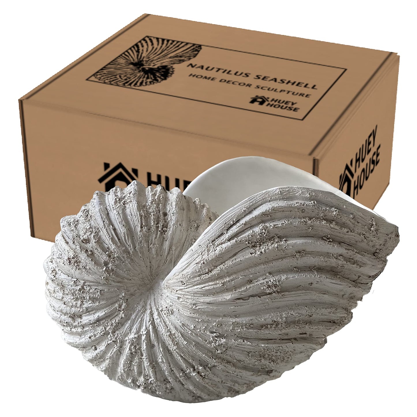 Huey House Large Nautilus Shell Sculpture, White Seashell Beach Decor