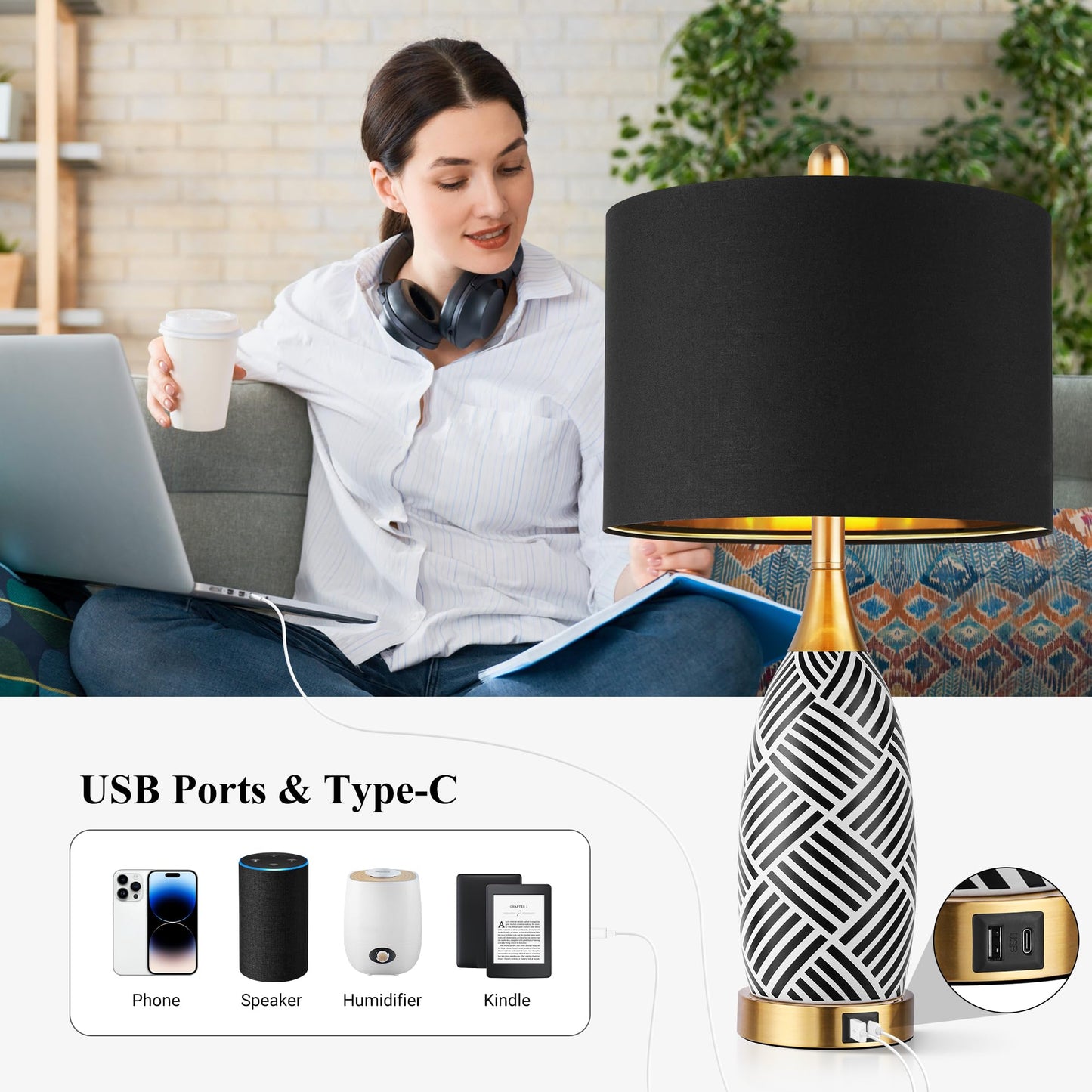 25.5" Touch Control Black and Gold Lamp,3-Way Dimmable Modern Ceramic Table Lamps with USB & Type-C Ports,Classic Black/White Striped Bedside Lamps for Bedroom Living Room Office(Bulbs Included)