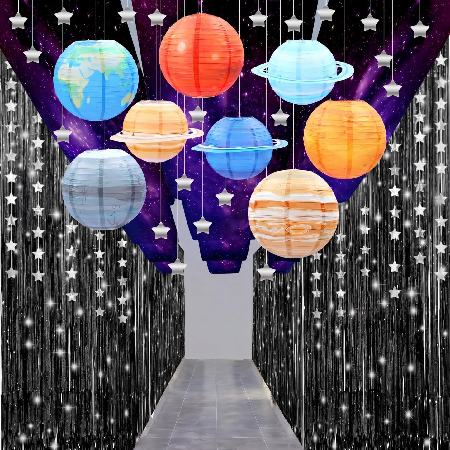 Tingjoo 13 Pcs Space Galaxy Ceiling Decorations for 2026 Vbs Space Themed Classroom Decor 12 x 2 ft Hanging Backdrop, 8 Solar System Lanterns & Star Foil Fringe Curtains Ornament for Party Decorations