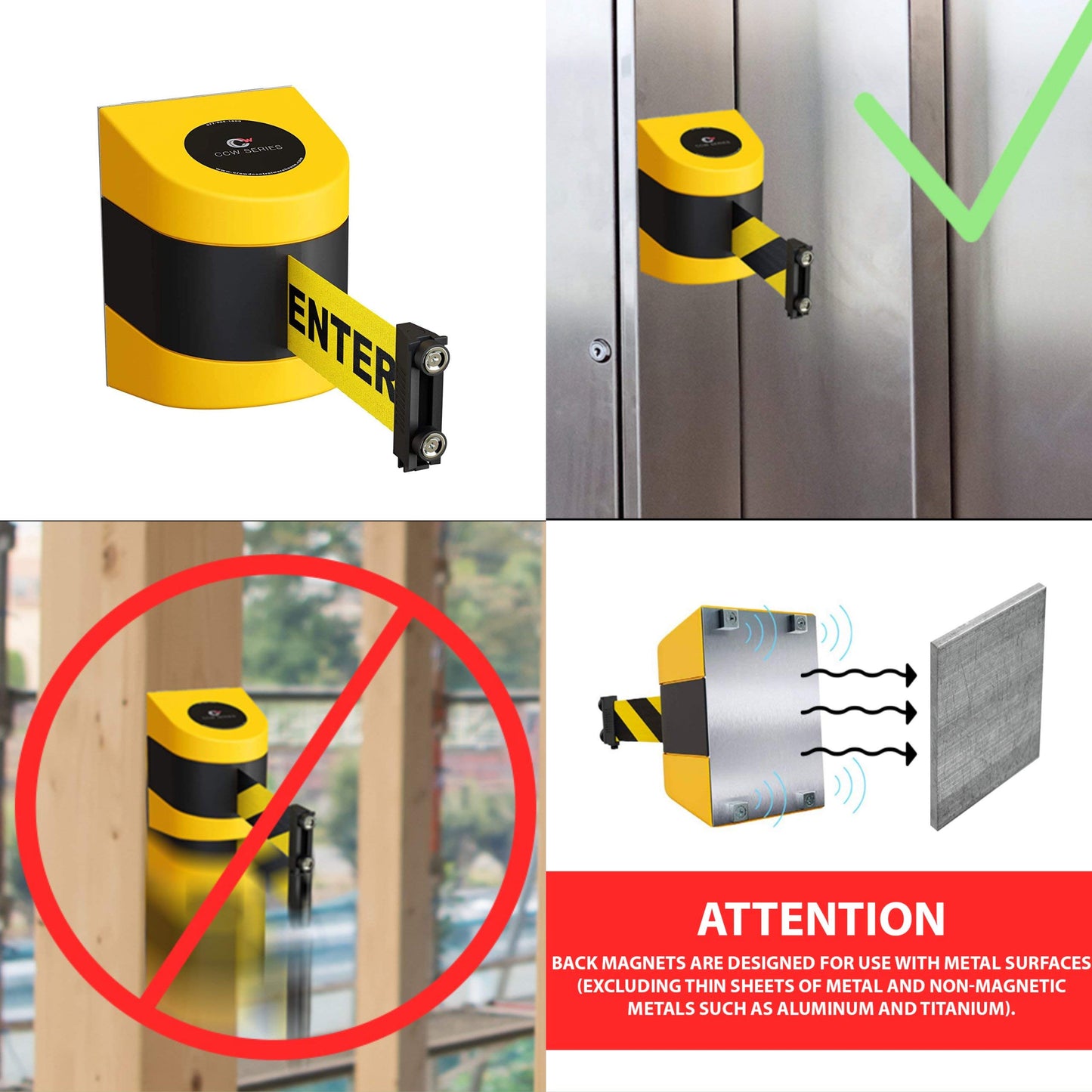 CCW Series WMB-230 Magnetic Wall Mount Retractable Belt Barrier (30 Foot Belt, Black and Yellow Diagonal Belt with Yellow ABS Case)