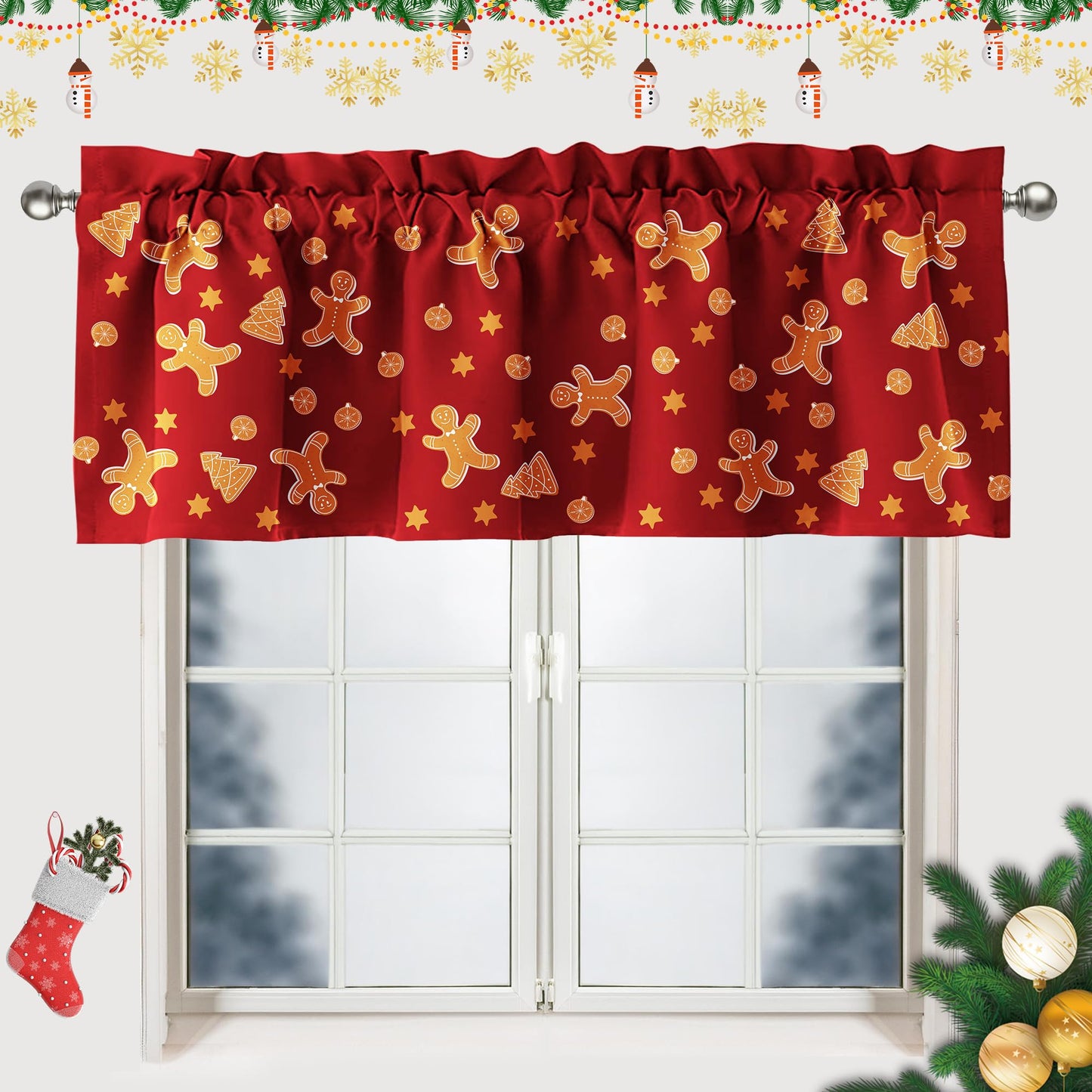 SUNWISHA Christmas Curtain Valances Set 52x18'' - Lively Gingerbread Men/Trees/Stars - Holiday Inspired Character Decor - Rod Pocket Kitchen/Bathroom/Laundry Winter Valances Red