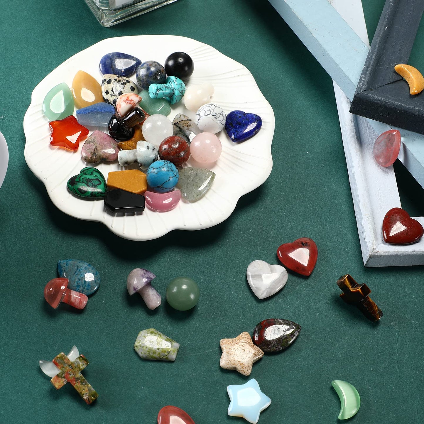 Nuenen 64 Pcs 0.8 Inch Mixed Hearted Crystal Worry Stone Gift Heart Shaped Healing Star Shape Moon Cross Coffin Gemstone Teardrop Palm Pocket Ball for Anxiety Stress Relief Gift Office Witchcraft