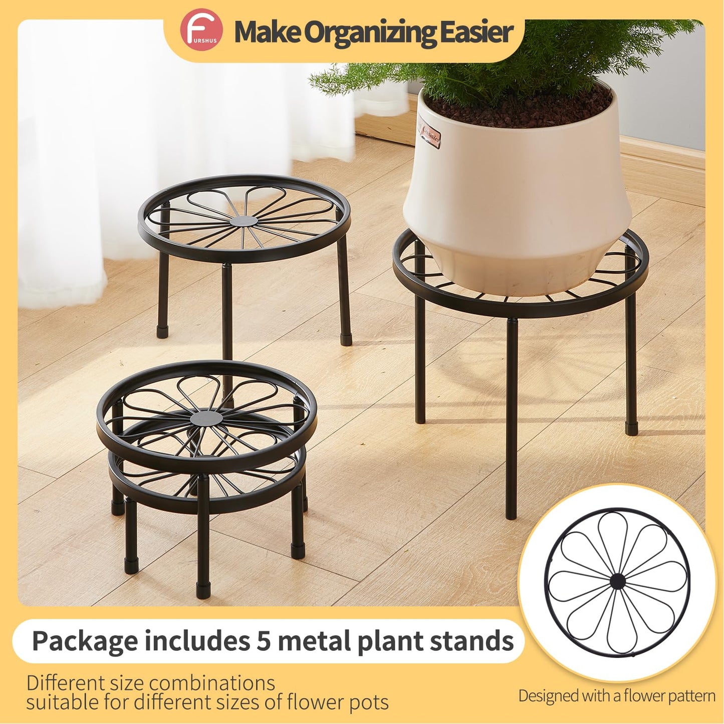 Furshus Plant Stand,5 Pack Heavy Duty Flower Pot Stands,Metal Decoration Racks,Round Plant Shelf for Planter Outdoor and indoor (Black)