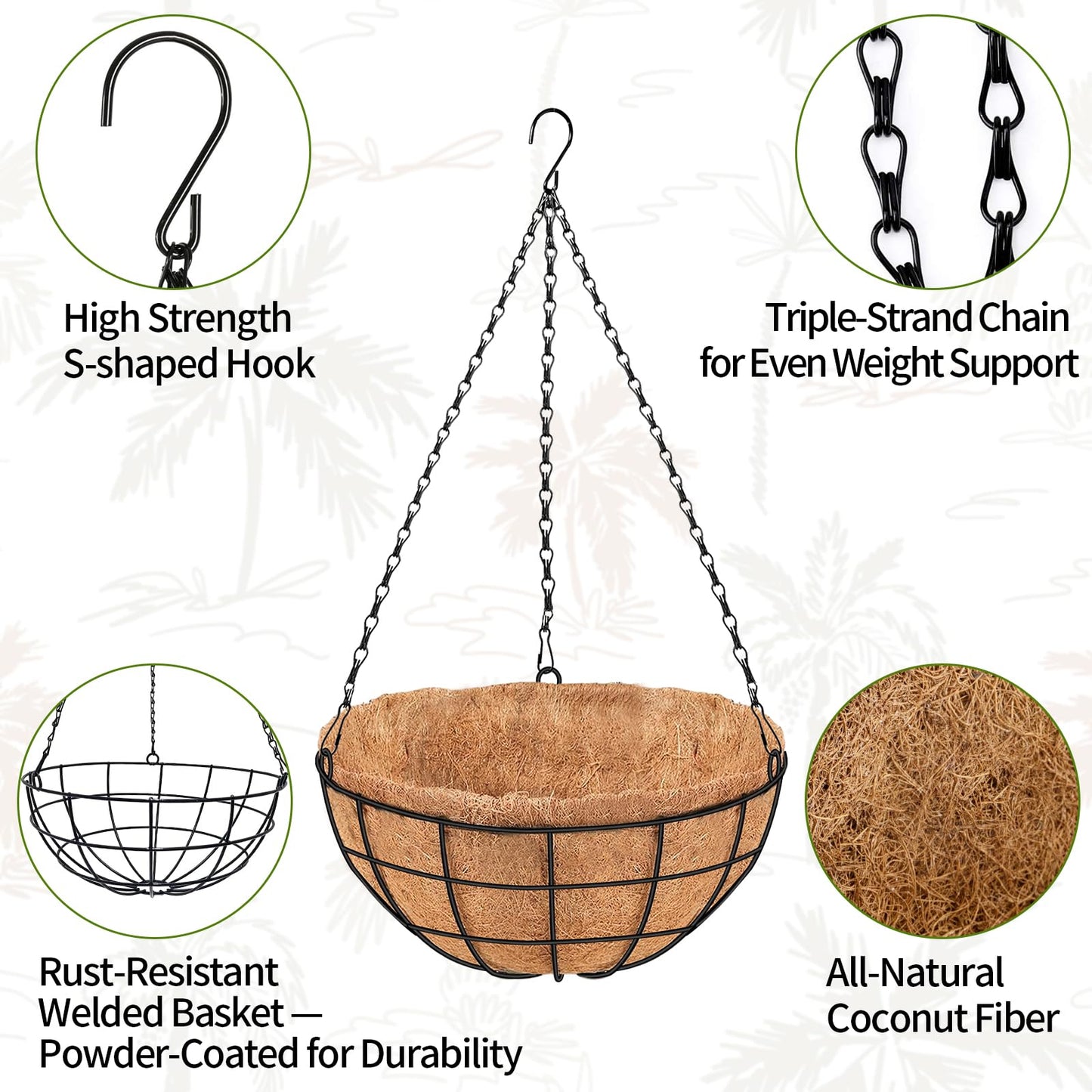 14 Inch Hanging Baskets for Plants Outdoor, 4 Pack Large Hanging Planters for Indoor Outdoor Plants, Round Metal Wire Hanging Flower Pots with Coconut Coir Liners for Garden, Deck, Porch, Balcony