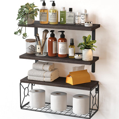 Amada Bathroom Shelves Over Toilet with Storage Basket, Floating Wall Shelves for Home Organization & Wall Decor, Bathroom/Kitchen/Living Room ShelvesBlack