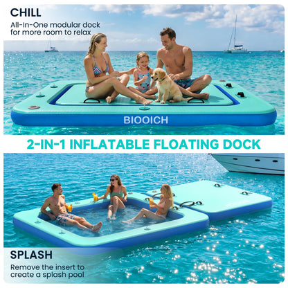BIOOICH 2 in 1 Inflatable Floating Dock, 8.2FTx7.2FT Floating Mat with Mesh Swim Area & Portable Pool Island Platform with Air Pump, Repair Kit, Storage Bag & Linking Ropes for Swimming, Lake, Beach