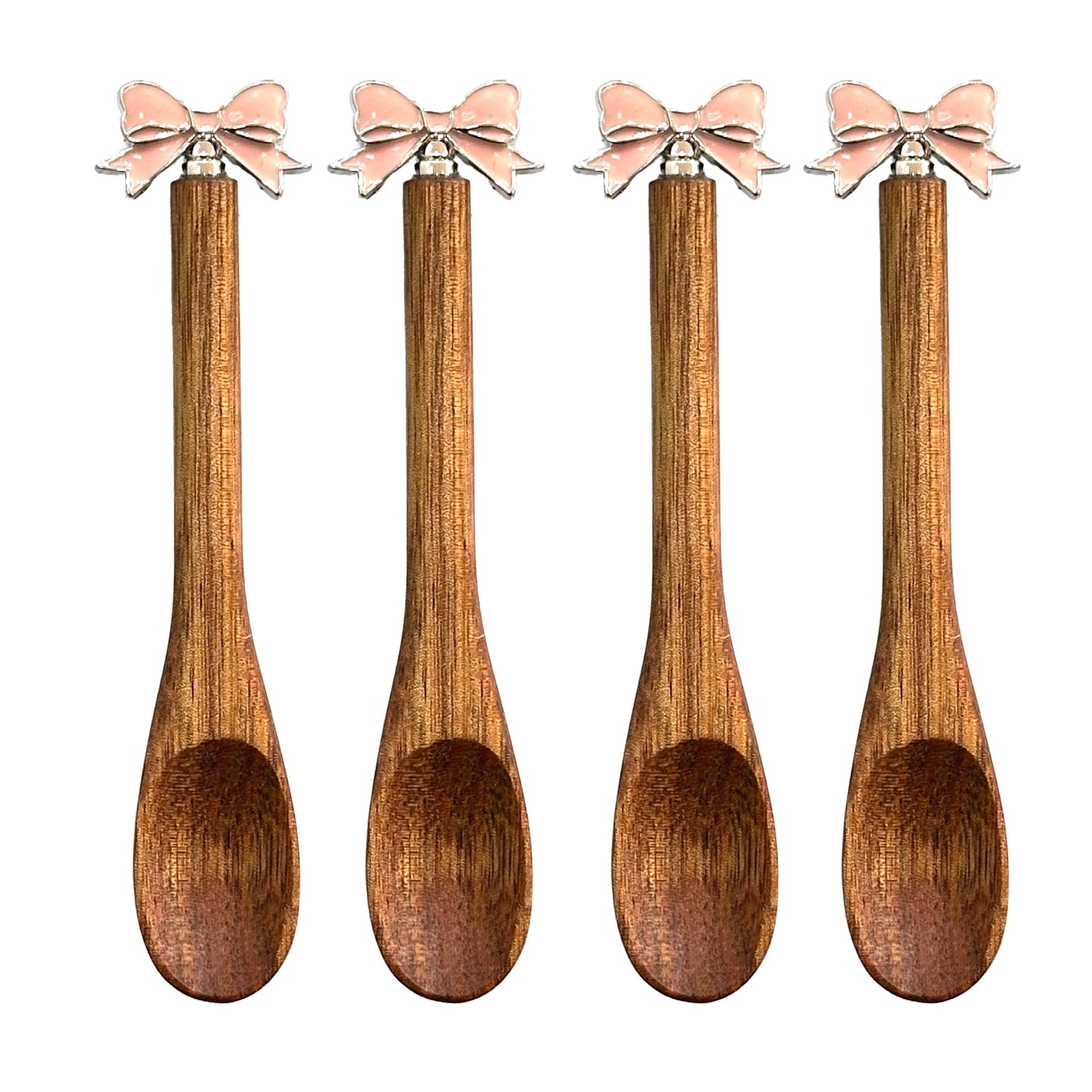Wooden Stir Spoon for Honey Coffee Stirring Tea Yogurt Jars, Cute Small Wooden Spoon for Eating, Collection Spoons, Holiday Wooden Teaspoon 5.1 Inches Length(4pcs) (Pink bowknot)