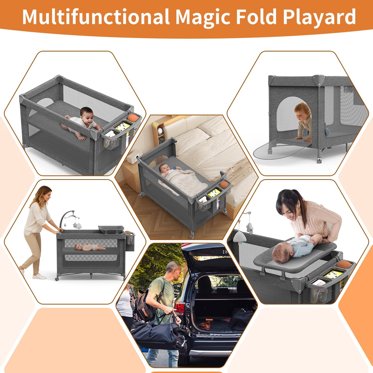 4 in 1 Baby Bassinet, Pack and Play with Mattress, Baby Crib with Wheels and Mosquito Net, Bedside Sleeper with Changing Pad, Portable Playpen Foldable Playard for Babies and Toddlers