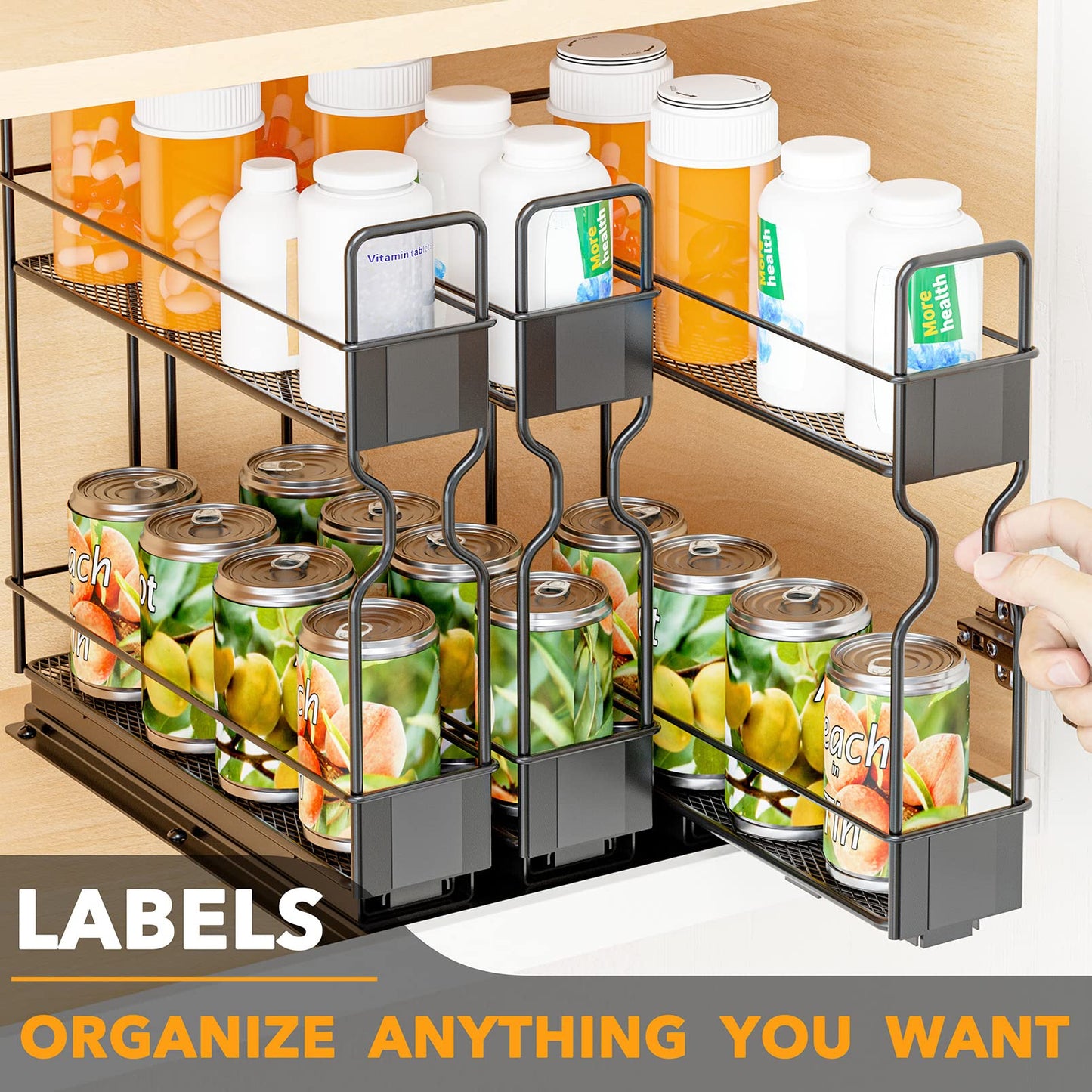 SpaceAid Pull Out Spice Rack Organizer for Cabinet, Heavy Duty Slide Out Seasoning Kitchen Organizer, Cabinet Organizer, with Labels, 5.2" W x10.75 D x10 H, 2 Drawers 2-Tier