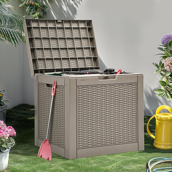 YITAHOME 32 Gallon Deck Box, Resin Storage with Lockable Lid & Side Handles, Indoor Outdoor Small Container for Patio Cushion, Garden Pool Accessories, Backyard Furniture, Water Resistant