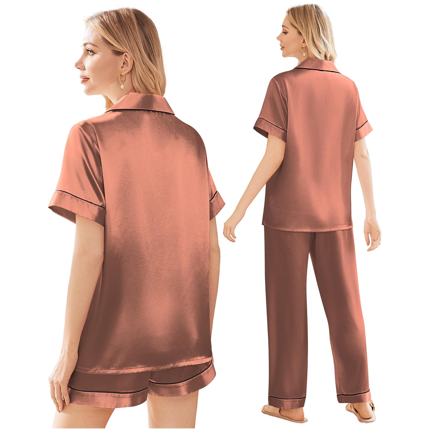 Ekouaer Silk Pajamas for Women Set Satin Pjs Soft Short Sleeve Button Down Sleepwear 3 Piece Loungewear S-XXL