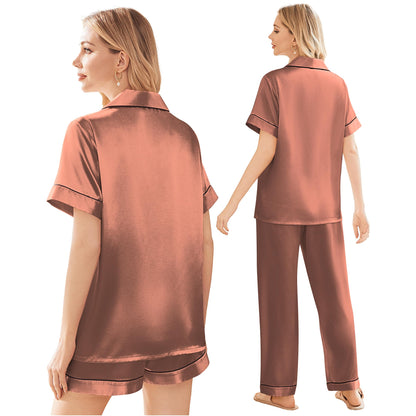 Ekouaer Silk Pajamas for Women Set Satin Pjs Soft Short Sleeve Button Down Sleepwear 3 Piece Loungewear S-XXL