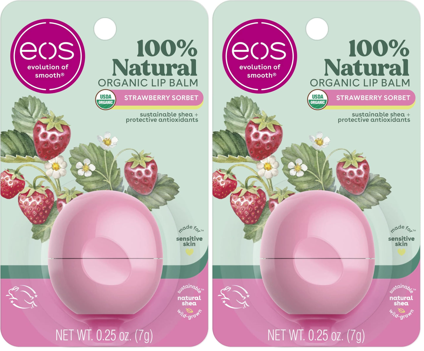 eos 100% Natural & Organic Lip Balm- Strawberry Sorbet, All-Day Moisture, Dermatologist Recommended for Sensitive Skin, Lip Care Products, 0.25 oz