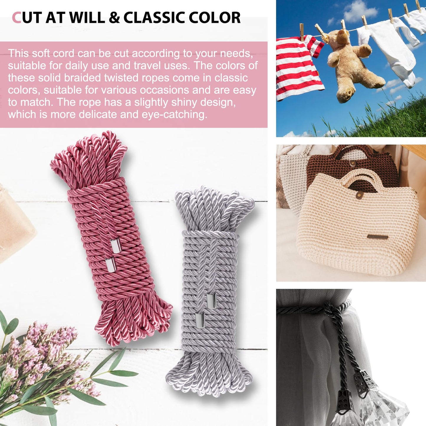 Coldairsoap Soft Silk Rope, 8MM Twisted Trim Rope Nylon Twiste Cord, Braided Twiste Silk Ropes for Decorative Twisted Satin Shiny Cord Ropes (Pink & Silver, 32ft)