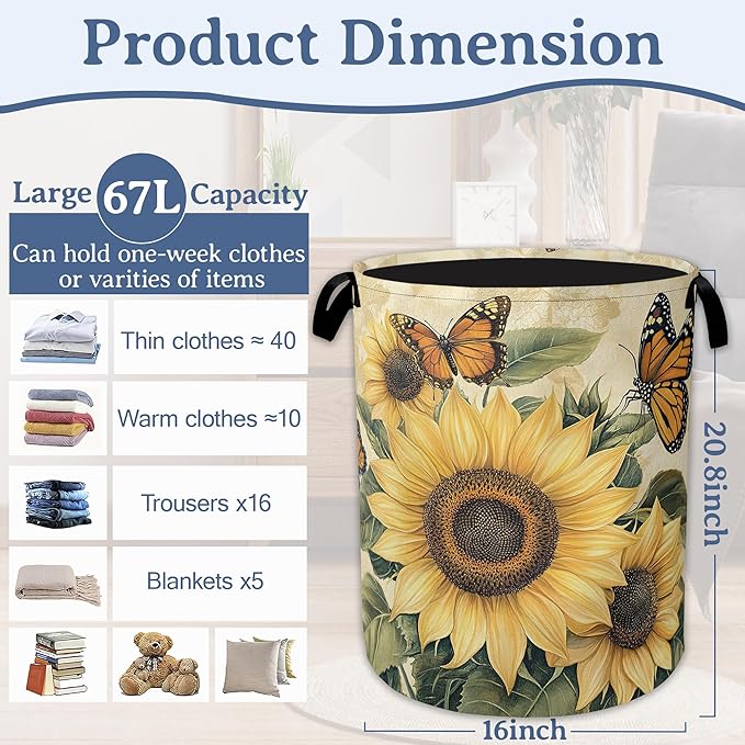 Vintage Sunflower Laundry Basket, Foldable Oxford Cloth Butterfly Laundry Hamper