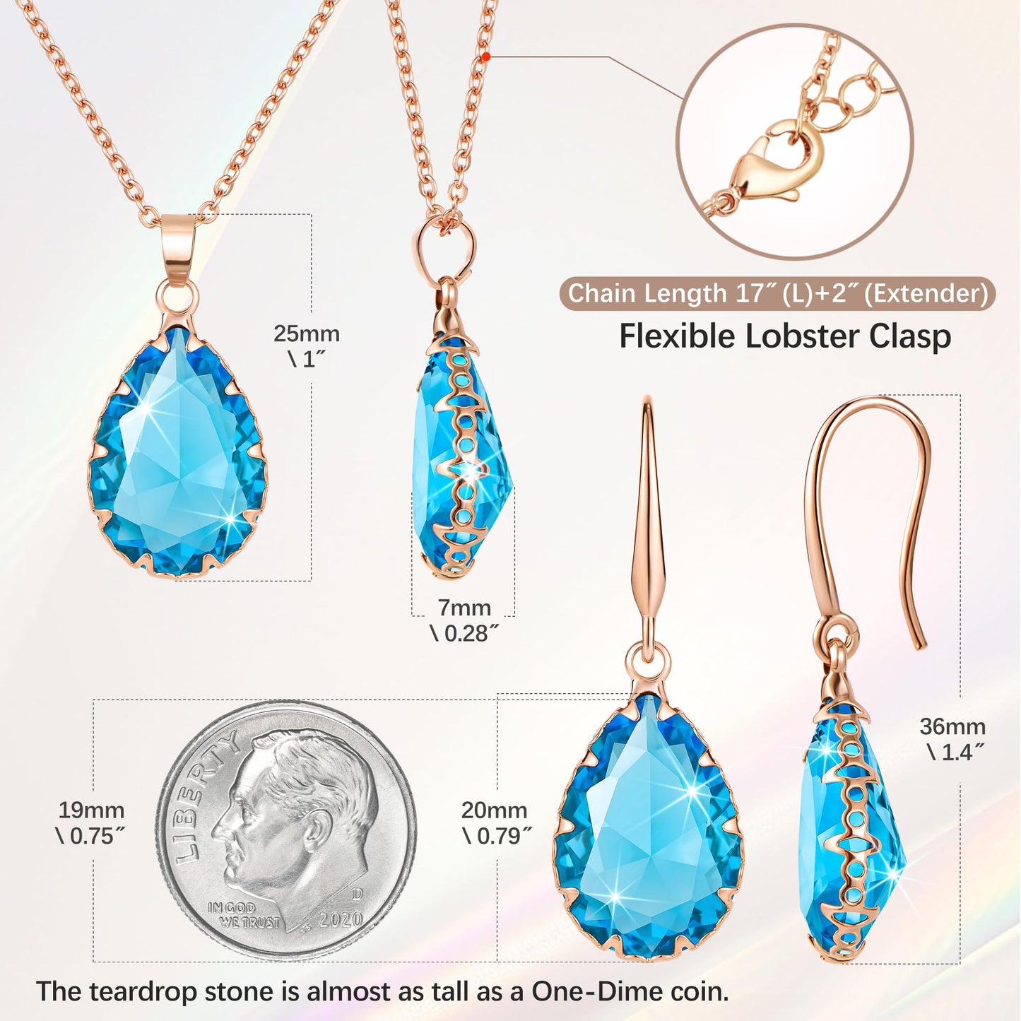 Linawe Lab Created Aquamarine Blue Jewelry Sets for Women, Rose Imitation Gold Plated Pendant Necklace and Earring Set, Fake Birthstone Crystal Imitation Diamond Necklace Set, Rhinestone Teardrop Jewelry Set