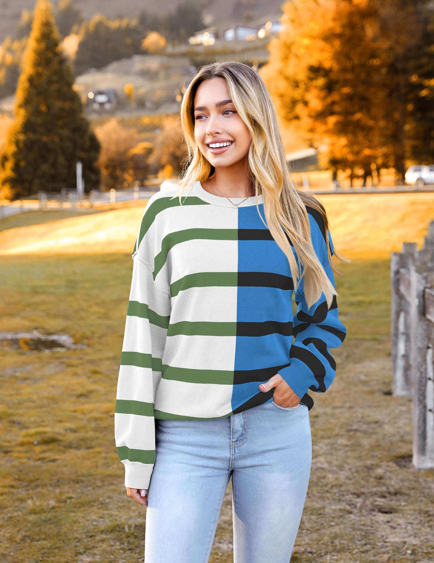 Zeagoo Womens Striped Oversized Sweater 2025 Crew Neck Long Sleeve Knitted Color Block Casual Loose Pullover Top