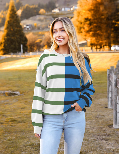 Zeagoo Womens Striped Oversized Sweater 2025 Crew Neck Long Sleeve Knitted Color Block Casual Loose Pullover Top