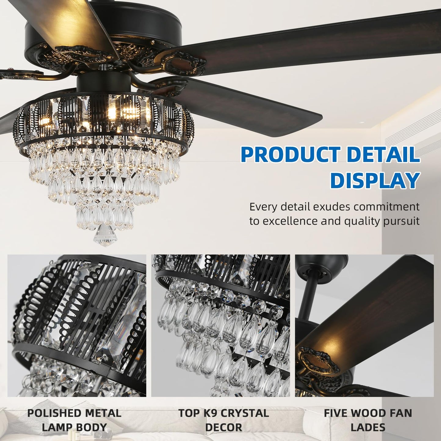RIENAZA Modern Crystal Ceiling Fans with Lights and Remote Control, Farmhouse Retro Black Ceiling Fan Light, 52 Inch Fandelier Ceiling Fan for Living Room, Dining Room, Bedroom, Office