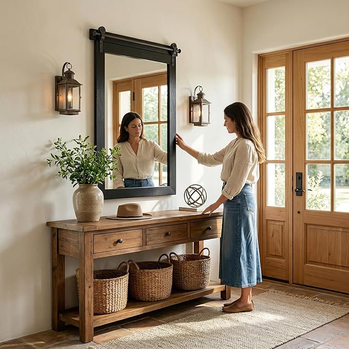 24"x36" Black Barn Door Wall Mirror, Solid Wood Framed Rustic Accent Mirror