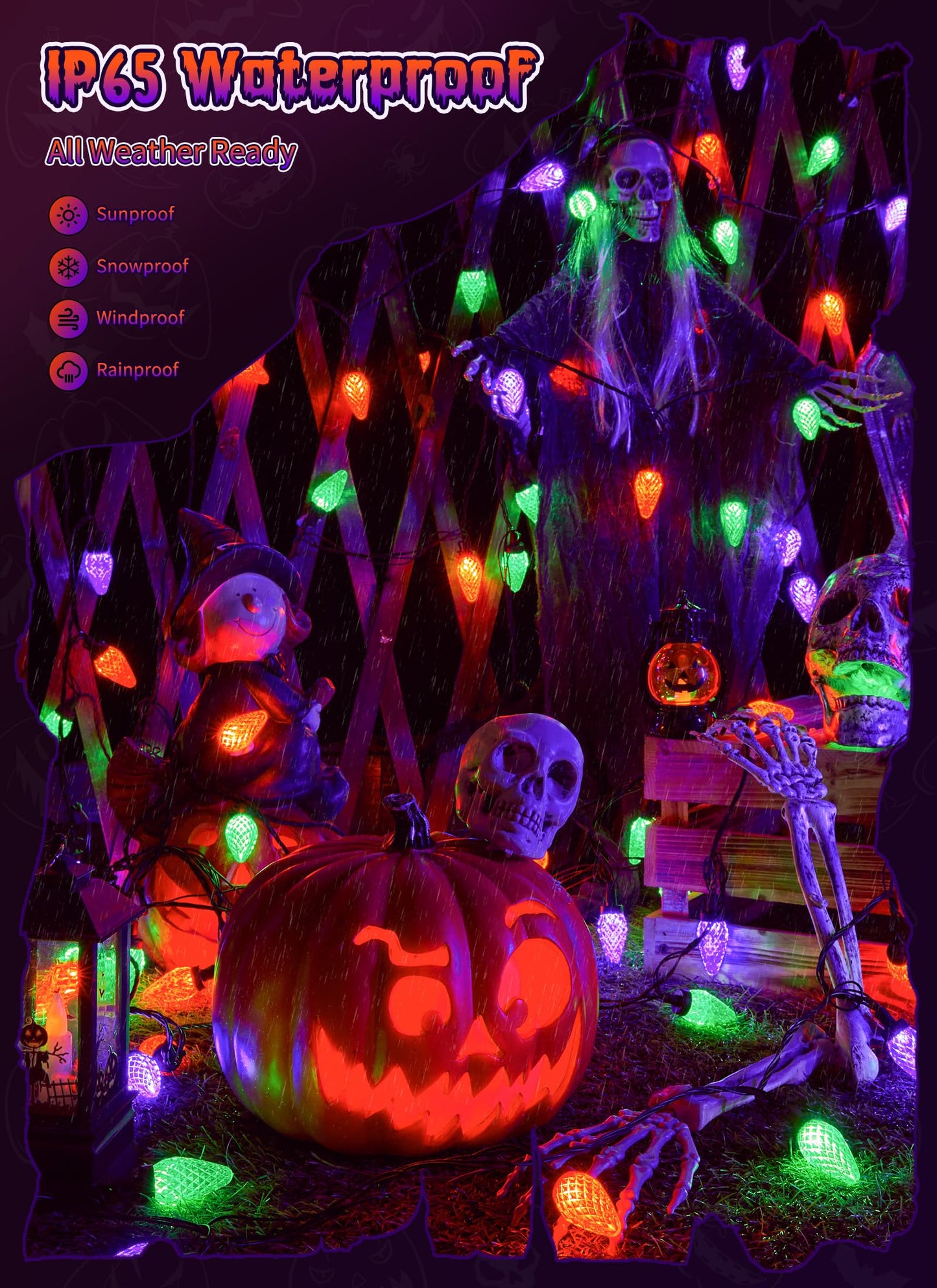 Brightown Halloween C9 LED String Lights, 114FT 150 LED Orange Purple and Green Halloween Lights with Timer & 8 Modes, Plug-in Waterproof Outdoor Lighting for House Patio Yard Porch Roof