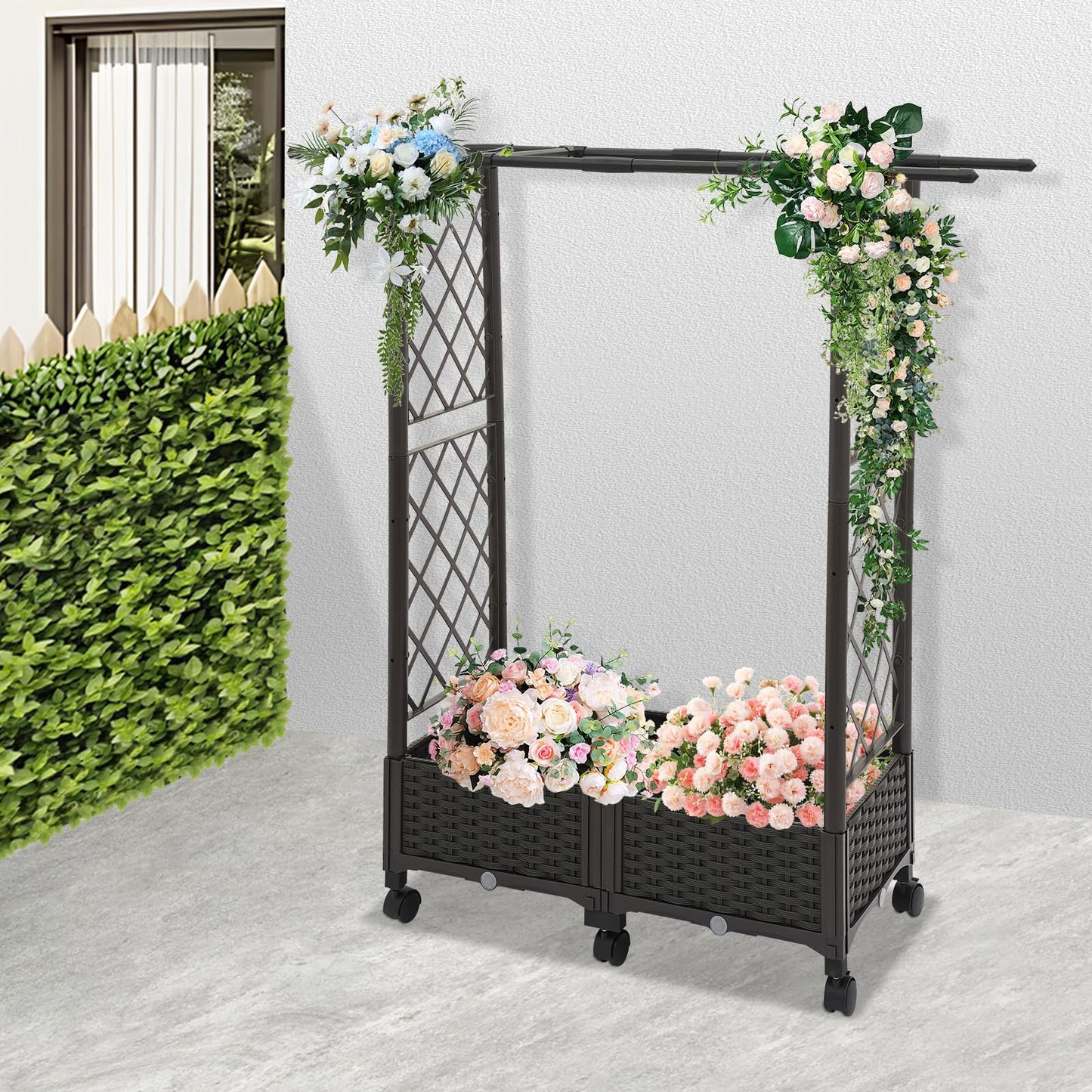 Tapischion Planter Garden Box with Trellis, 6 Wheels & Hanging Rods - 80cm Large Vertical Gardening Box for Balcony, Patio, Outdoor Brown
