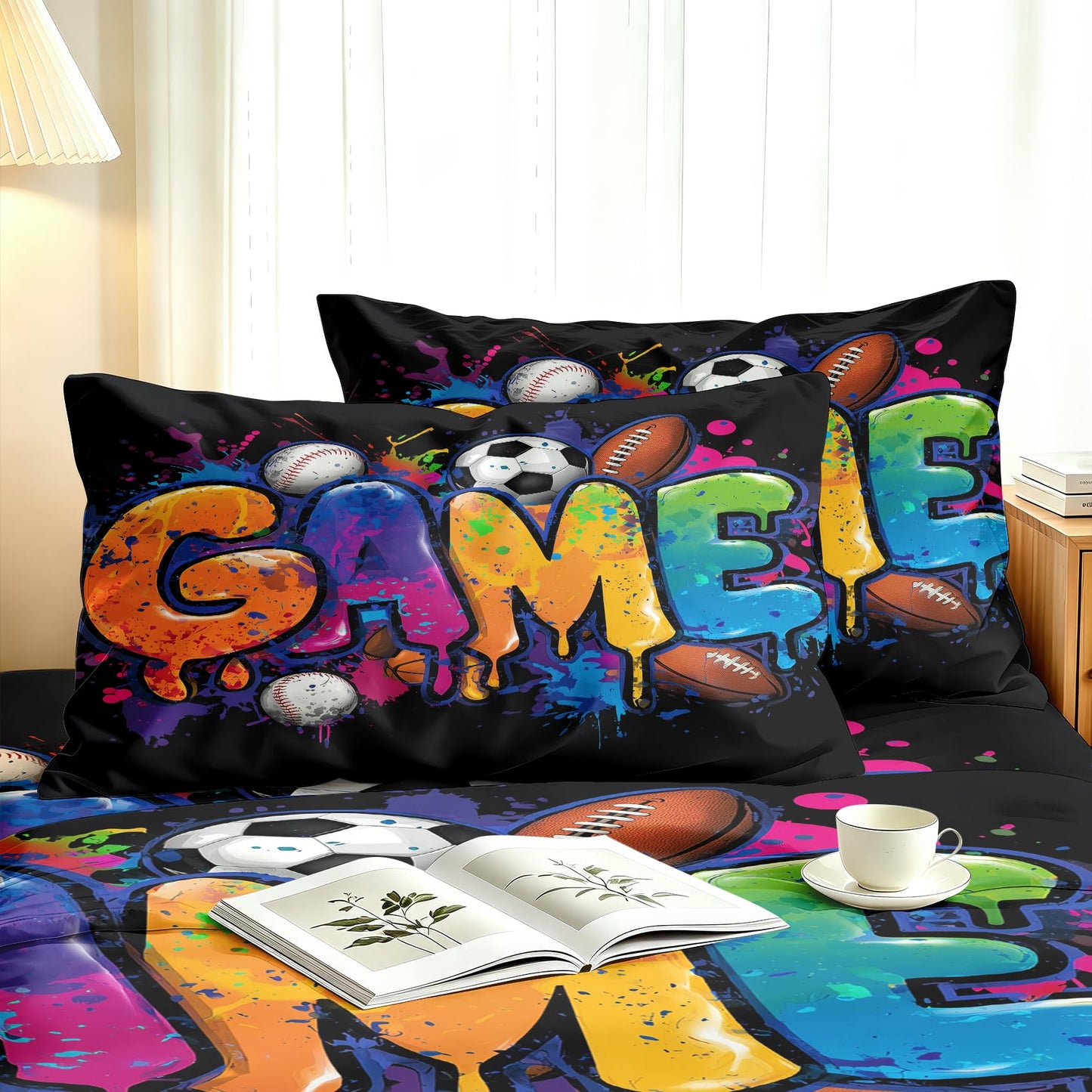 Ball Sports King Sheet Set 4 Pcs Graffiti Game Bed Sheets, Black Blue