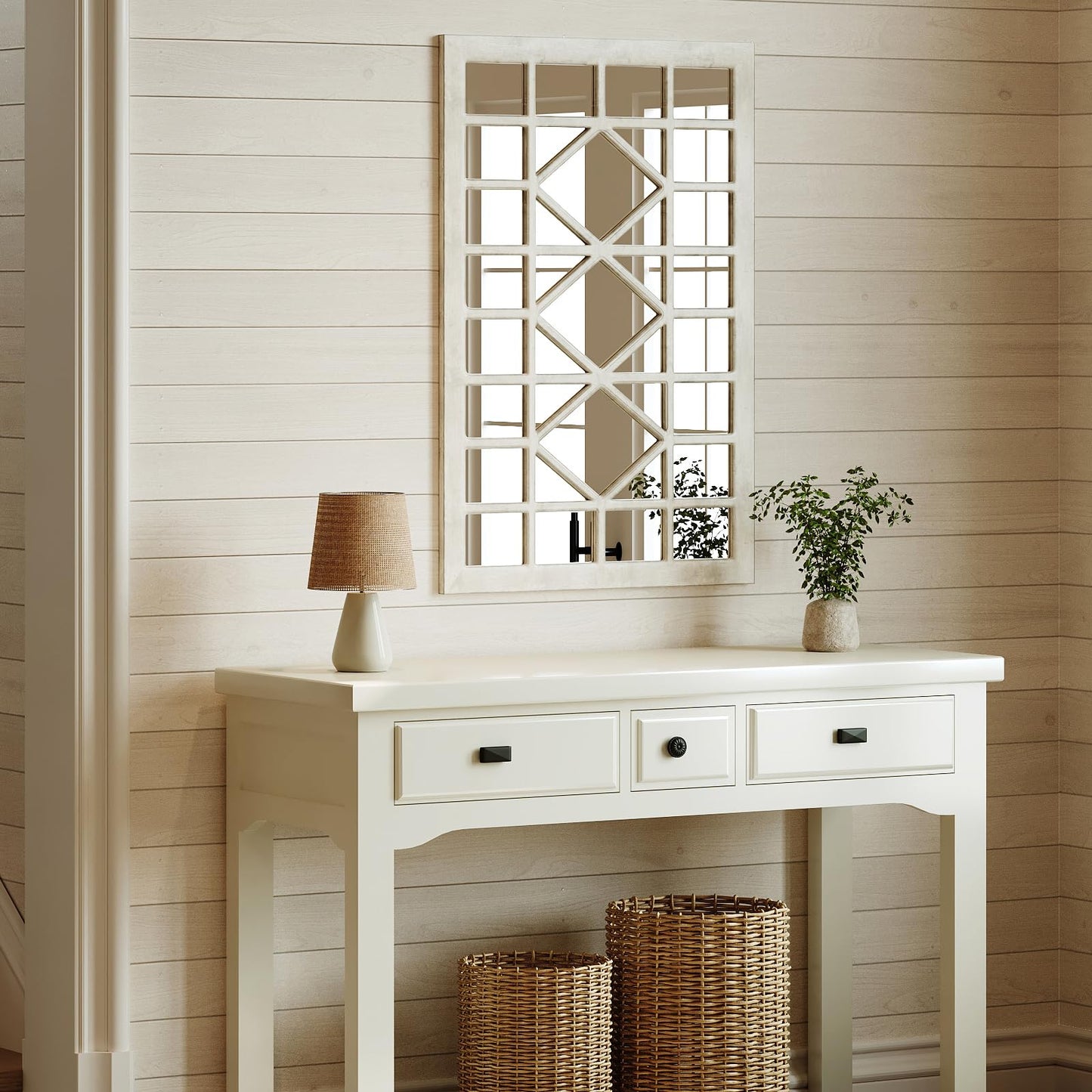 CozyDH Farmhouse Window Pane Mirror Decor - 24x36 inch Retro White Rectangle Wall Mirror Soli Wood Frame, Decorative Wooden Accent Mirror for Entryway, Fireplace, Living Room, Hallway, Dining Room