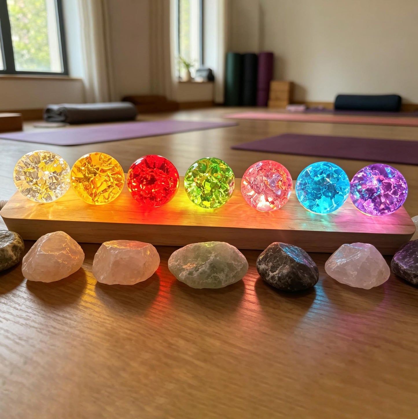 40mm 7 Colors Ice Cracked Glass Crystal Chakra Balls with LED Wooden Base