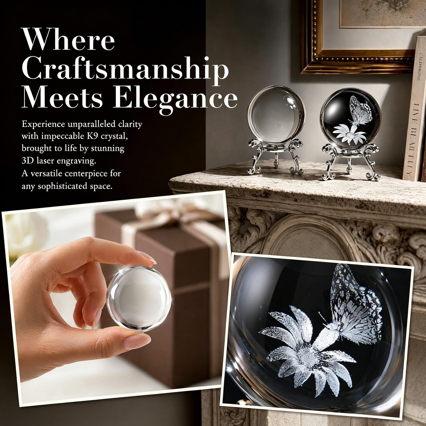 vskikris 3D Laser Engraved Crystal Ball Set, 60mm K9 Clear Crystal Sphere with Butterfly & Flower Design + Blank Ball, with Gold Stand, for Home Decor, Feng Shui, Unique Gift for Women