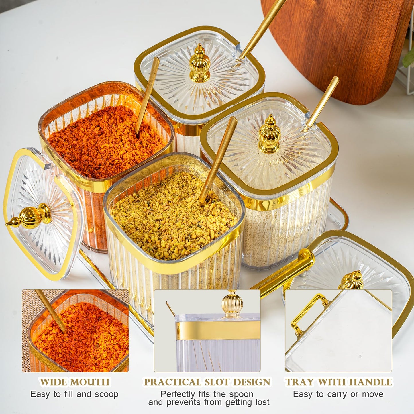 EABOSON 4 Pack Clear Condiment Spice Jars with Lids, Spoons, Tray - Plastic Seasoning Box Set for Salt, Pepper, Sugar - Kitchen Storage