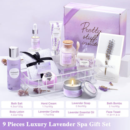 Gifts for Women, Birthday Gifts for Women, 9pc Lavender Bath and Body Gifts Set, Self Care Gifts Spa Gifts Basket, Relaxing Bath Sets for Mom, Girlfriend, Sister, Female Friends, Coworker