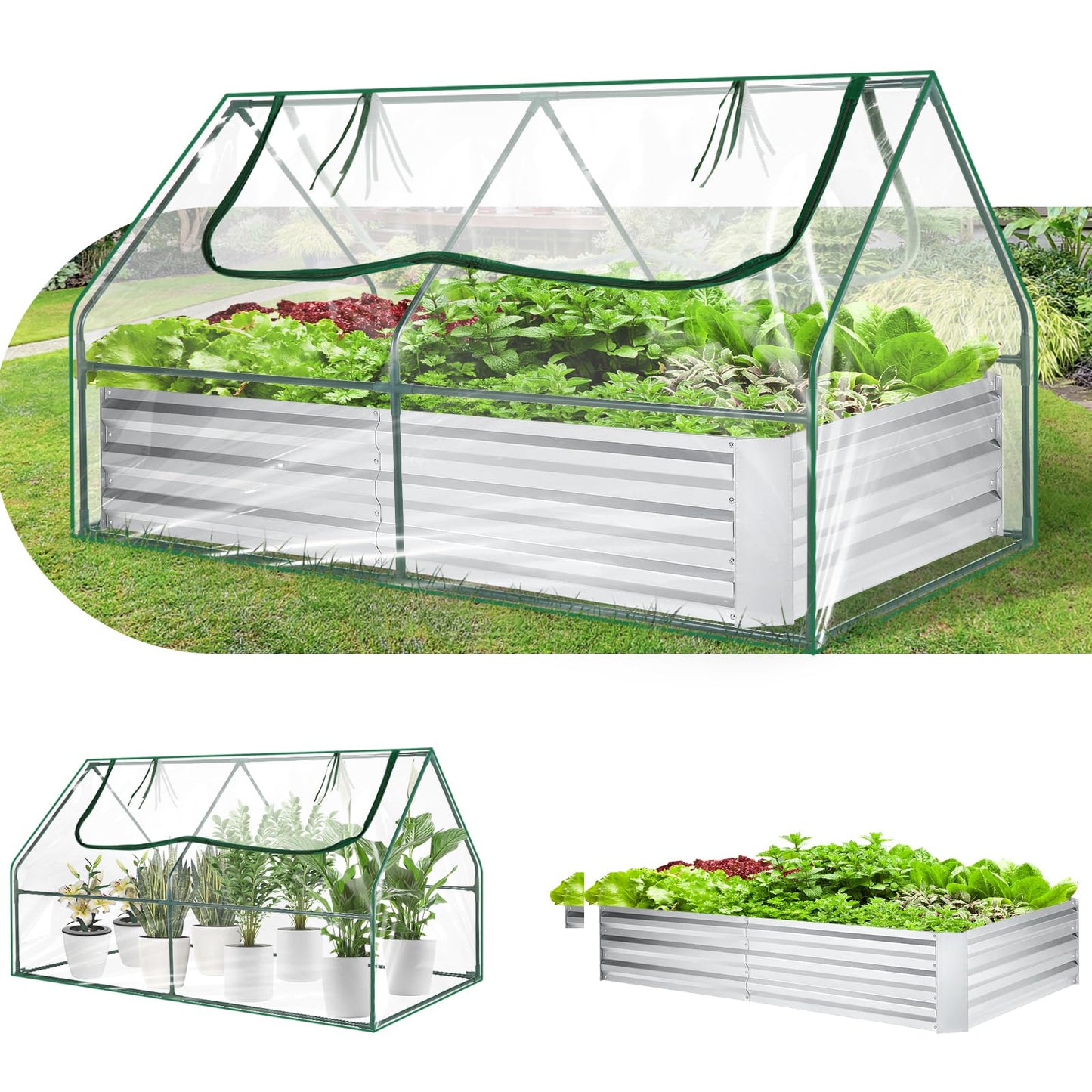 SEJOV 6x3x1ft Galvanized Raised Garden Bed with Cover & 2 Large Windows, Mini Greenhouses for Outdoors, Metal Planter Box Kit for Vegetables Flowers Herbs, 1 Pair of Gloves Included, Clear