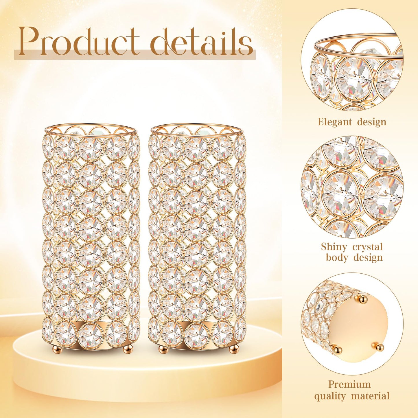 Dandat 8 Pcs Crystal Flower Vase for Wedding Table Centerpieces 7.87 in Crystal Pillar Candle Holder Metal Cylinder Flower Vase Stand for Christmas Wedding Decor Gifts Arrangement Event(Gold)