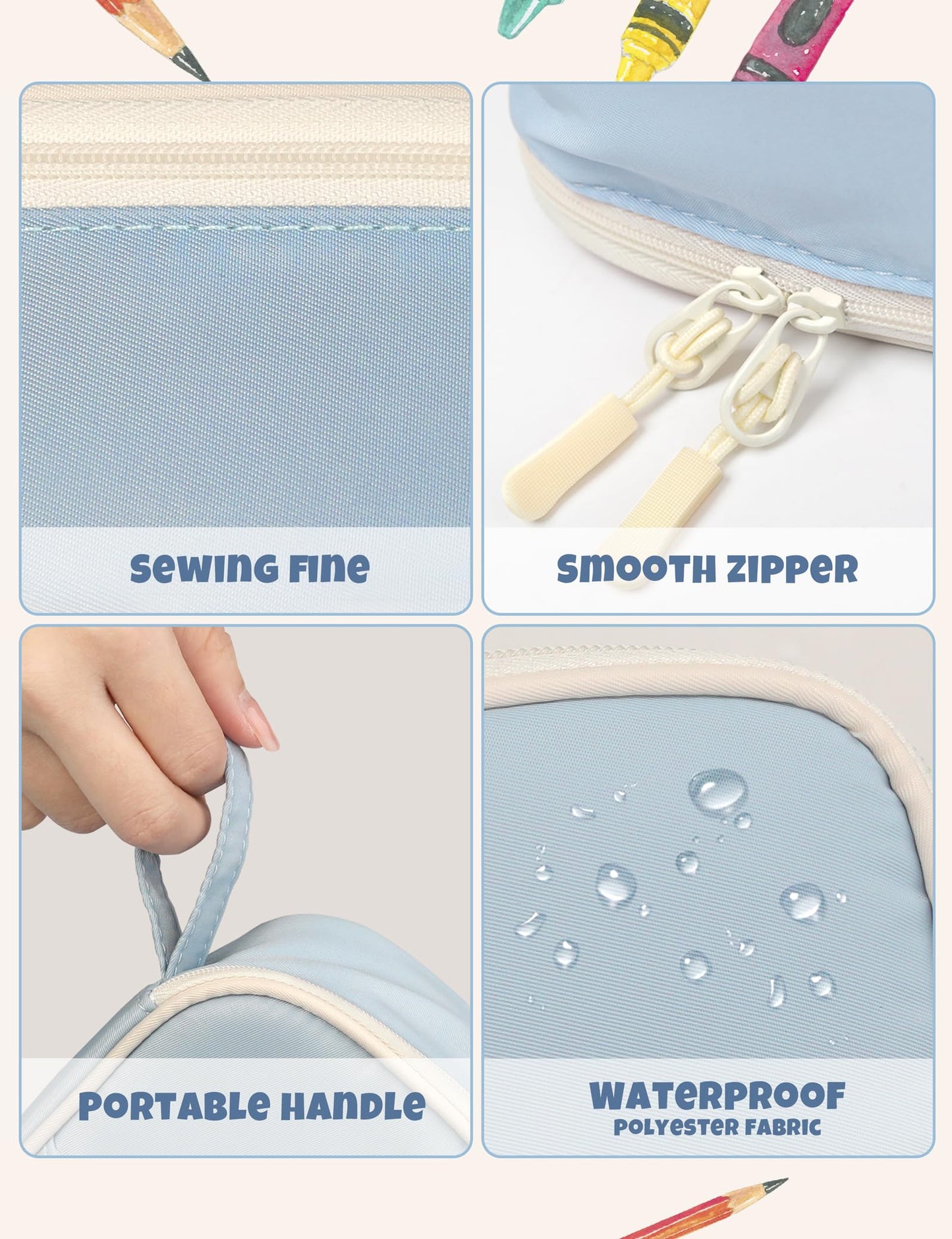 SUNEE Cute Pencil Case, Aesthetic Pen Pouch, Colored Large Pencil Bag with Zipper, Kawaii Stationery Storage and Organizer, School Supplies for Teen and Adult Girls, Blue