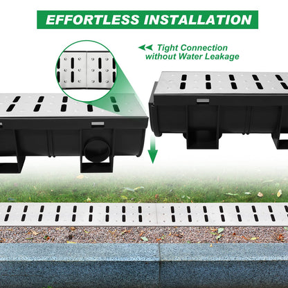Amylove 3 Set Black Driveway Channel Drain with Stainless Steel Grate and Plastic End Caps 39.4 x 5.9 x 5.1 Inches, Outdoor Garage Floor Drainage Trench Systems for Lawn Landscaped Garden Pool
