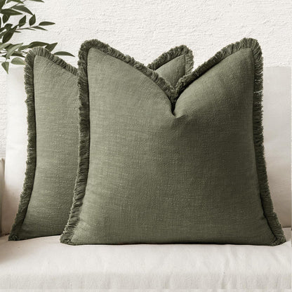 MIULEE Christmas Decorative Throw Pillow Covers Neutral Linen Fringe Fall Throw Pillows Set of 2 Natural Beige Boho Farmhouse Cushion Covers with Tassels for Couch Sofa Bed Home Decor 20x20 Inch