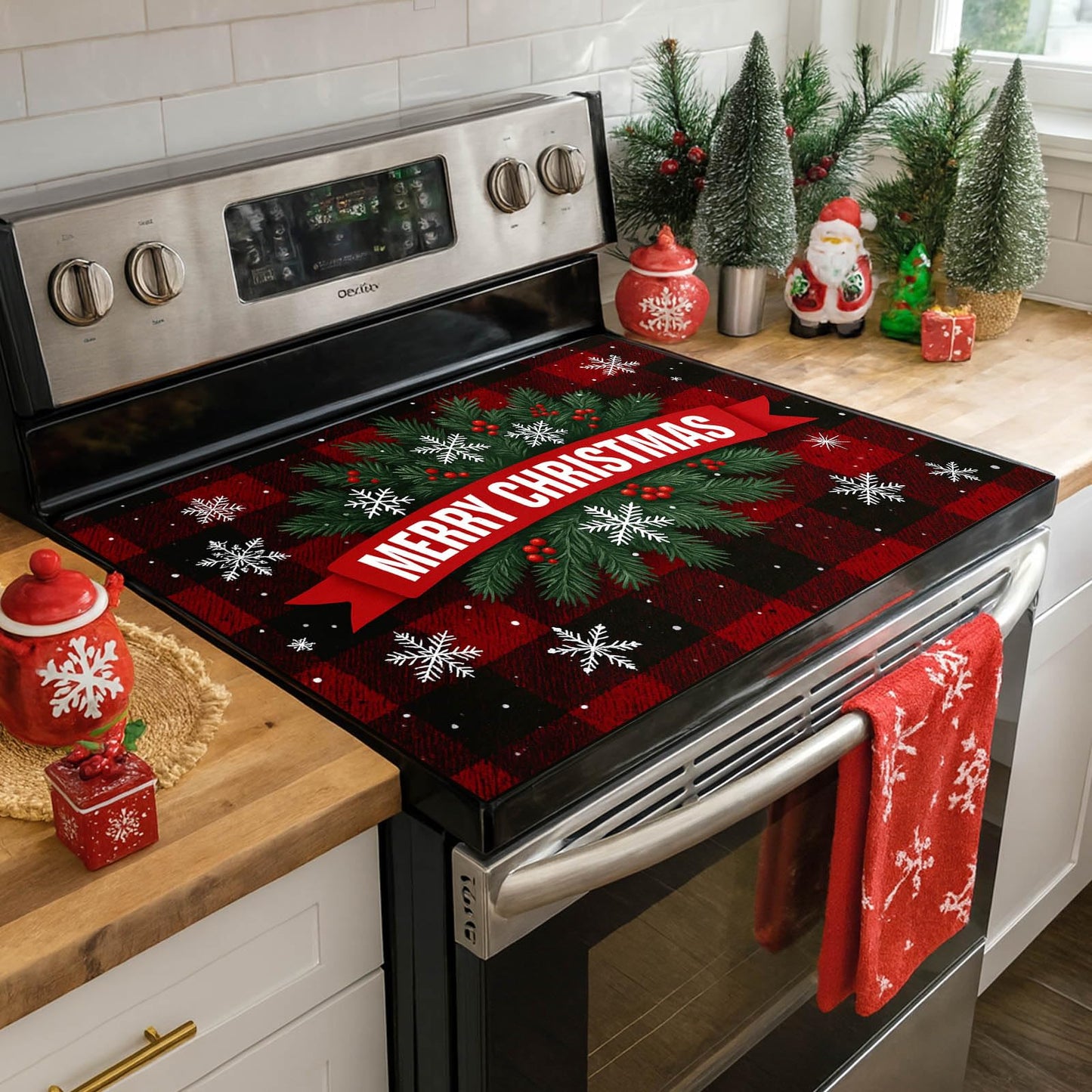 HOMETITUTE Glass Top Stove Cover Christmas Cooktop Protector 28x20 Inch Heat Resistant Silicone Stovetop Mat Holiday Kitchen Counter Cover Buffalo Plaid Snowflake Design
