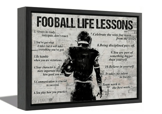 Framed Fotball Sports Canvas Wall Art Football Life Lessons Wall Decor Picture Inspirational Quotes Motivational Boy Poster Print Painting for Gym Bedroom Living Room Decoration Prepare To Hang