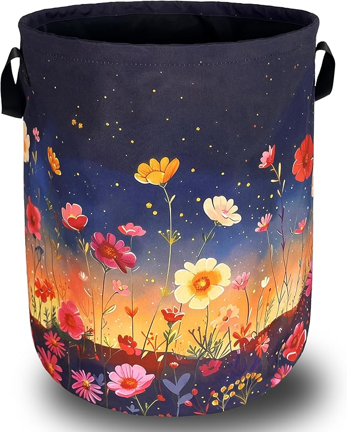 Colorful Flowers At Night Laundry Basket Floral Foldable Funny Laundry Hamper