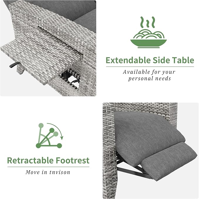 IDEALHOUSE Wicker Outdoor Recliner Reclining Patio Chairs with Adjustable Back & Footrest 150° Lay-Flat Reclining with Air Pump Rattan Flip-Up Side Table Outdoor Lounge Chairs for Pool Deck Balcony