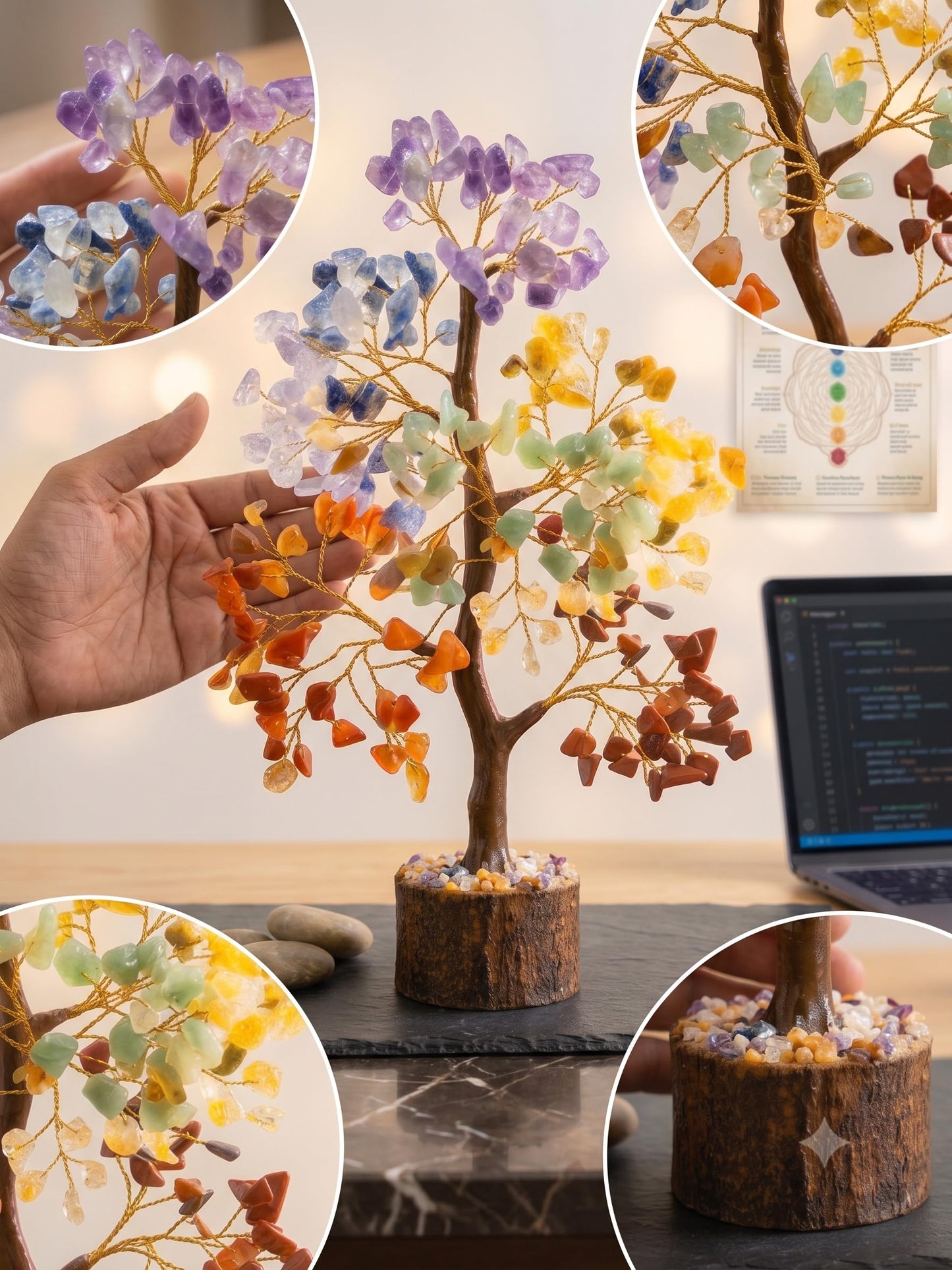 DIVIK AURA 7 Chakra Crystal Tree – Handmade Wood Base Bonsai for Home Decor, Reiki Healing & Spiritual Gifts for Women, 10 Inch