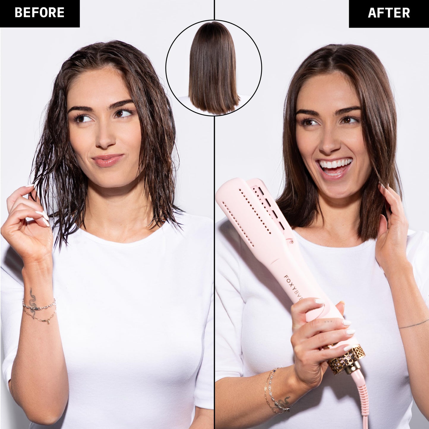 FoxyBae All-in-One Hair Styler - Ceramic Oval Barrel Blow Dryer Brush (75mm) for Drying, Curling, Volumizing & Straightening Hair [Party Pink]
