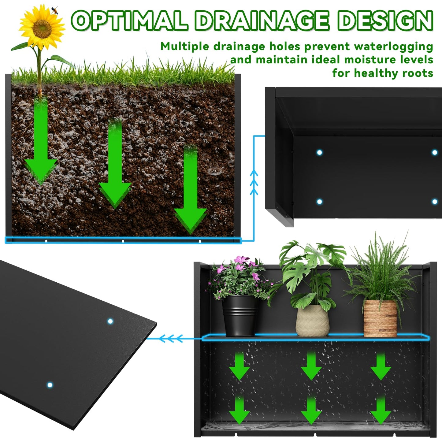 POOAMY Metal Planter, 30L x 10W x 24H, Heavy Duty Tall Planters for Outdoor Plants, Black Planters with Removable Insert Shelf, Large Planters with Drainage Holes for Porch, Patio and Yard, Black