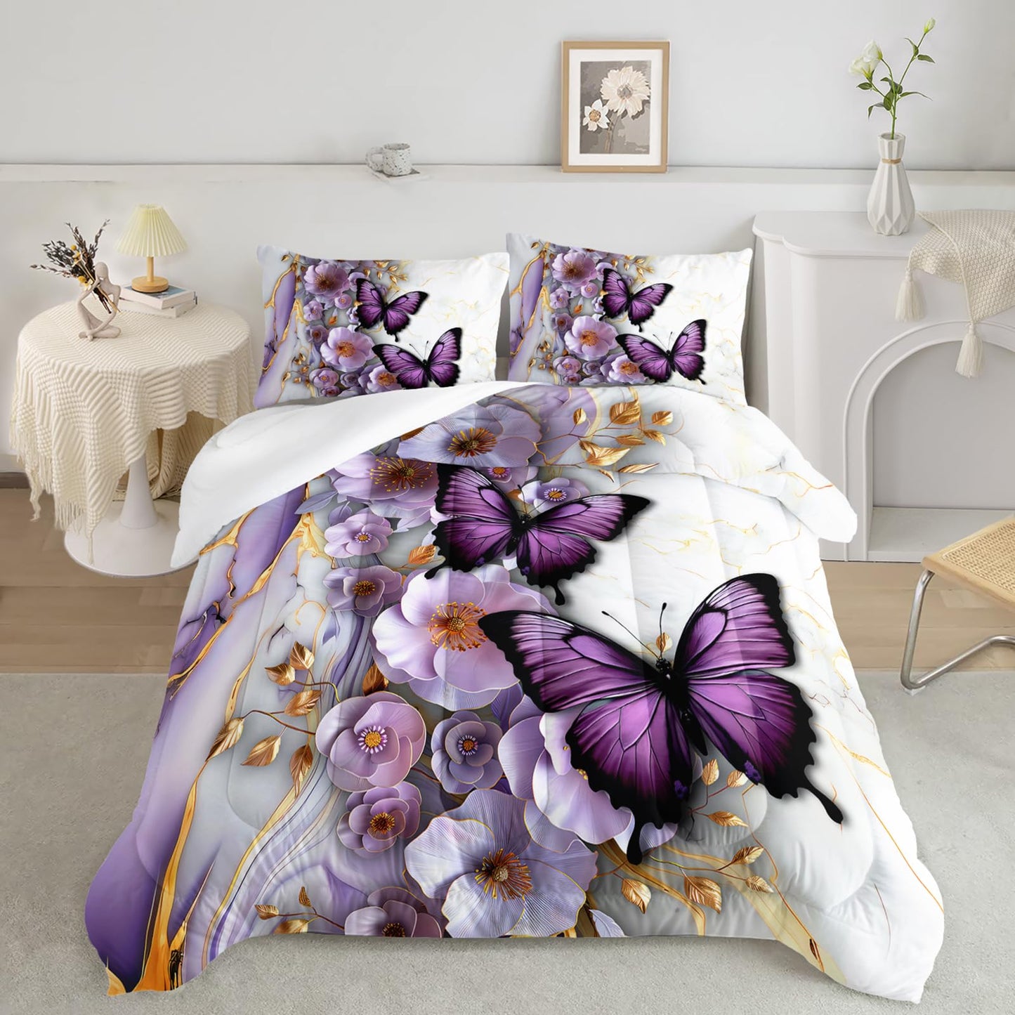 AILONEN Purple Floral Butterfly Comforter Set Queen Size,Gold White Marble Flower Bedding Set for Kids Girls Women,1 Quilt with 2 Pillowcases-3 Pieces