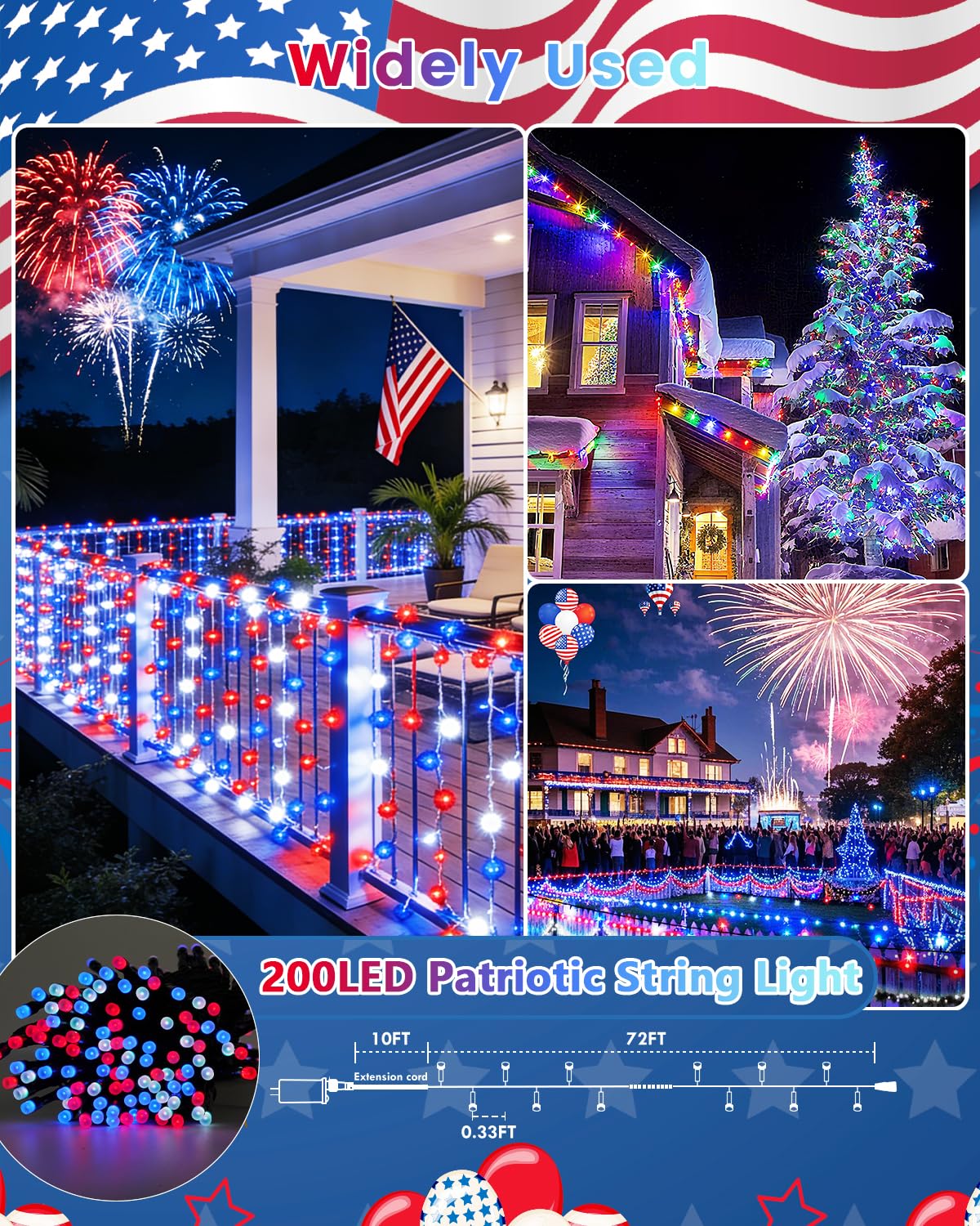 300LED Smart 4th of July String Lights | 107FT App Controlled Red White and Blue American Flag Lights, Waterproof Patriotic RGB Color Changing String Lights with Remote & Timer Outdoor for Memory Day