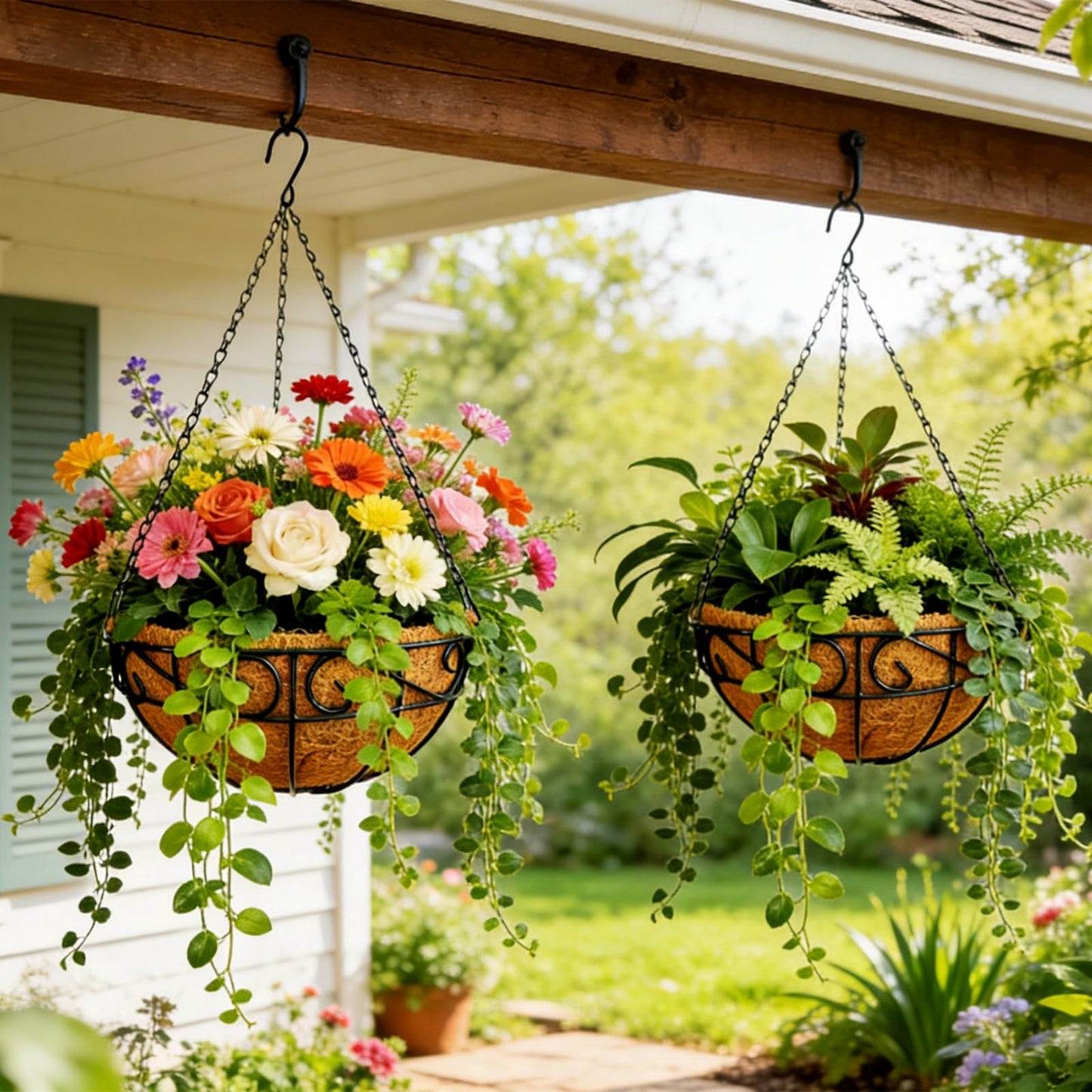 hodooly Hanging Planters for Outdoor Plants,12 inch 2 Pack Hanging Planters Basket with Coco Liners, Hanging Baskets Flower Pots for Patio,Garden, Deck, Porch Plants